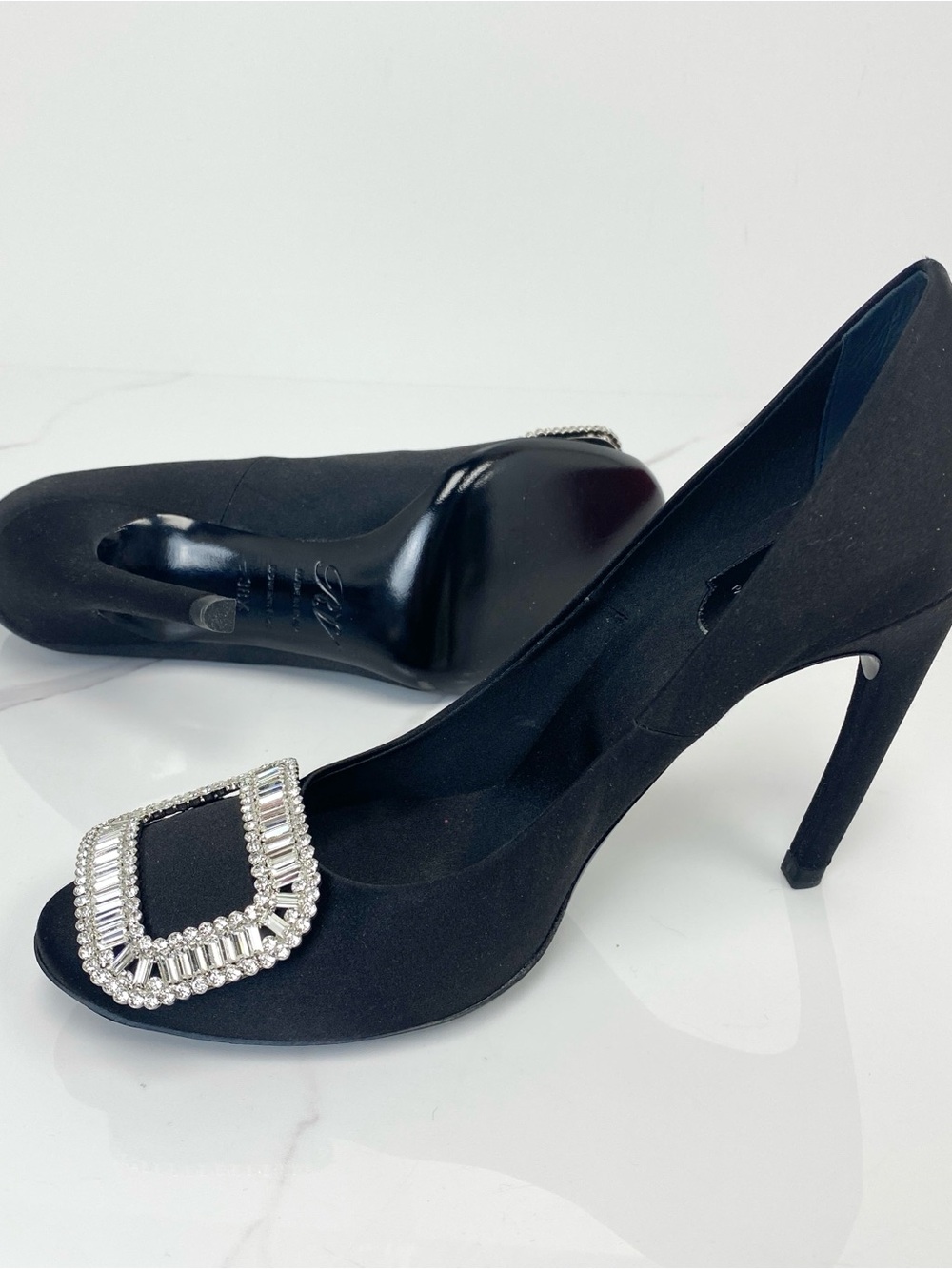 Roger Vivier Satin Crystal Buckle Heels